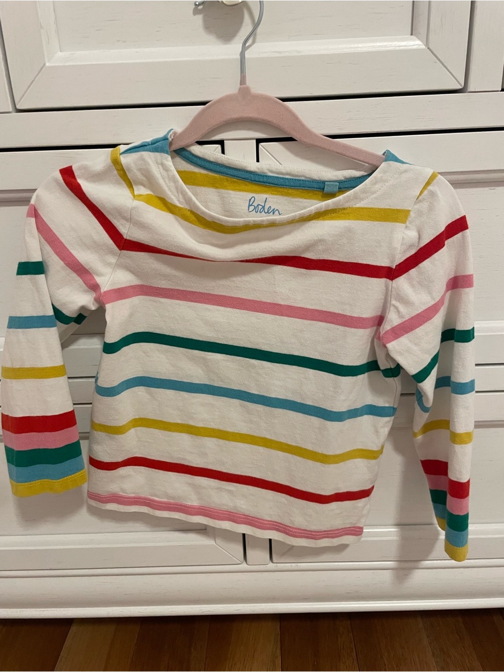 Boden White Long-Sleeve Tee with Multicolor Stripes 3-4t